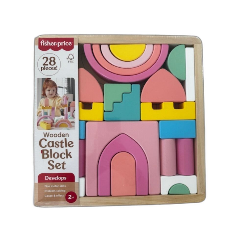 Fisher Price Wooden Castle Blocks 28 Piece Set Pastel Montessori Toddler Toy NEW